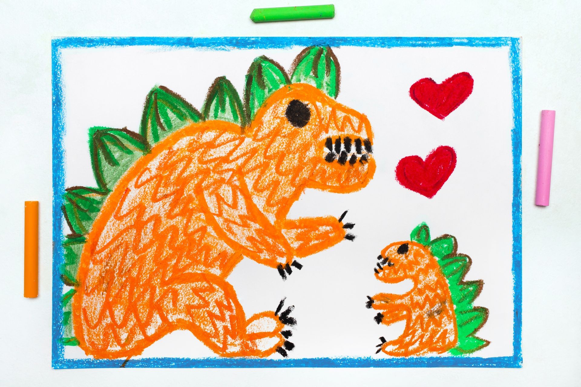 Colorful drawing: Two cute monsters, mother and her child. Orange dragons and hearts.